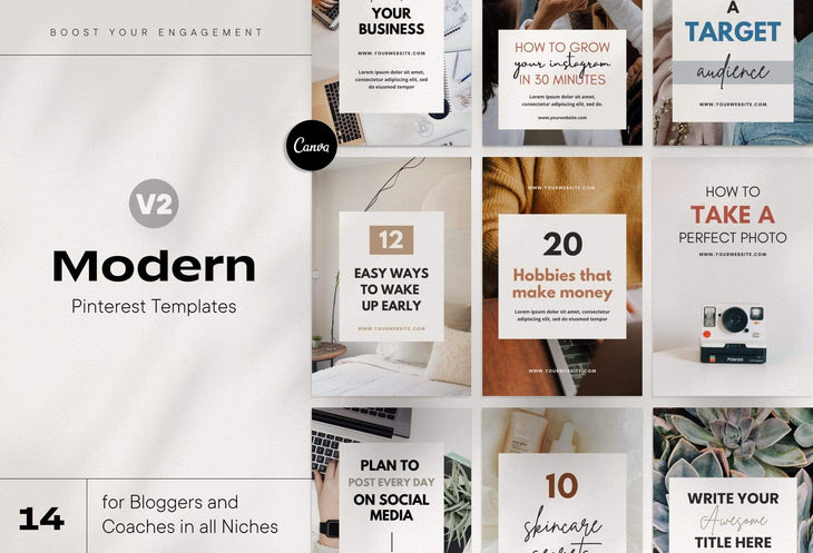 Ladystrategist 14 Modern Pinterest Templates for Bloggers and Coaches in All Industries - Editable Canva Template Pack 02 instagram canva templates social media templates etsy free canva templates