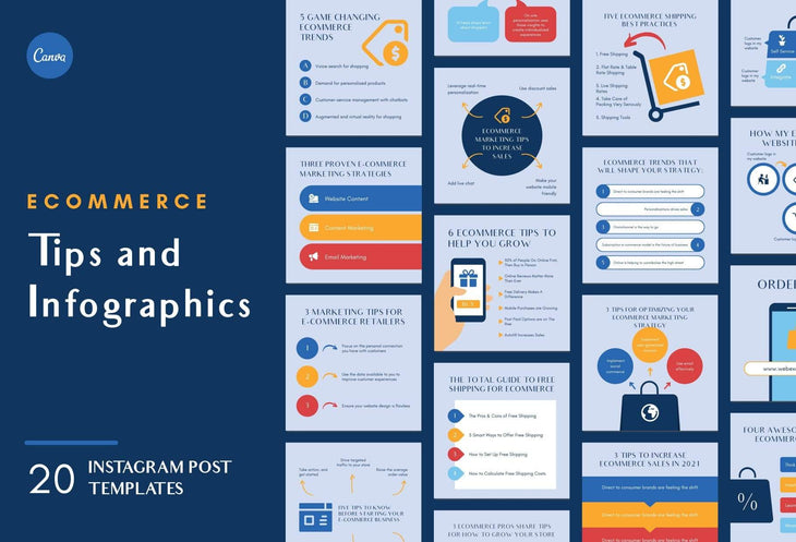 Ladystrategist 20 Ecommerce Tips and Infographics - Instagram Engagement Posts - Fully Editable Canva Templates instagram canva templates social media templates etsy free canva templates