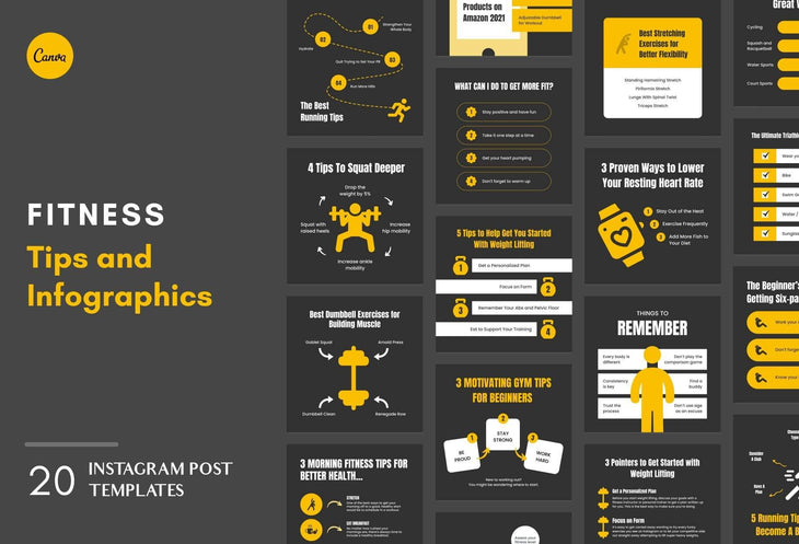 Ladystrategist 20 Fitness Tips and Infographics - Instagram Engagement Posts - Fully Editable Canva Templates instagram canva templates social media templates etsy free canva templates