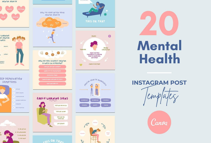 Ladystrategist 20 Mental Health Instagram Posts - Fully Editable Canva Templates instagram canva templates social media templates etsy free canva templates