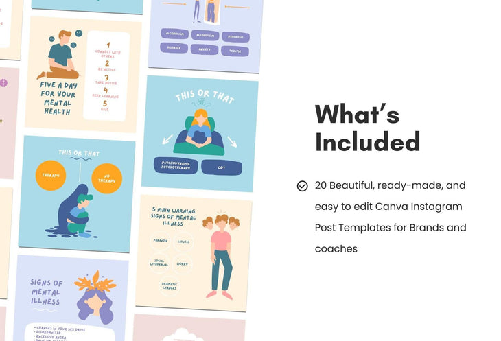 Ladystrategist 20 Mental Health Instagram Posts - Fully Editable Canva Templates instagram canva templates social media templates etsy free canva templates
