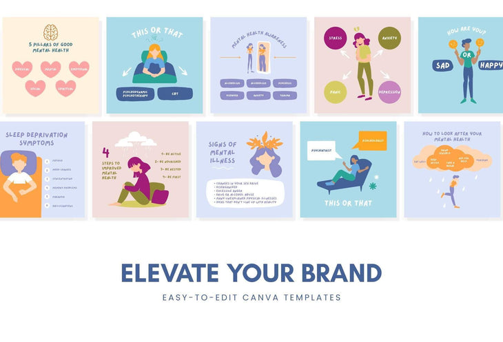 Ladystrategist 20 Mental Health Instagram Posts - Fully Editable Canva Templates instagram canva templates social media templates etsy free canva templates