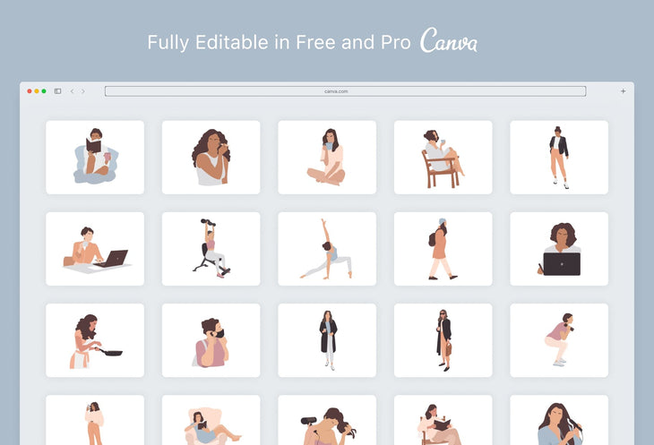 Ladystrategist 20 Unique Female Everyday Illustrations Fully Editable in Canva V2 instagram canva templates social media templates etsy free canva templates