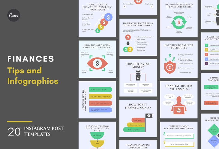 Ladystrategist 20x Finances Tips and Infographics - Instagram Engagement Posts - Fully Editable Canva Templates instagram canva templates social media templates etsy free canva templates