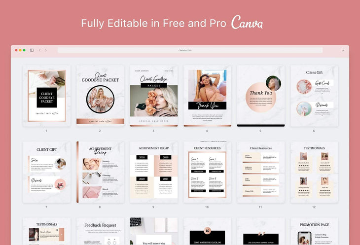 Ladystrategist 21 Page Client Goodbye Packet for Coaches - Editable Canva Template Black Rose Gold Collection instagram canva templates social media templates etsy free canva templates