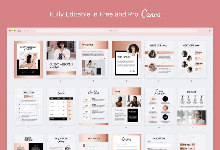 Ladystrategist 21 Page Client Welcome Packet for Coaches Editable Canva Template Black Rose Gold Collection instagram canva templates social media templates etsy free canva templates