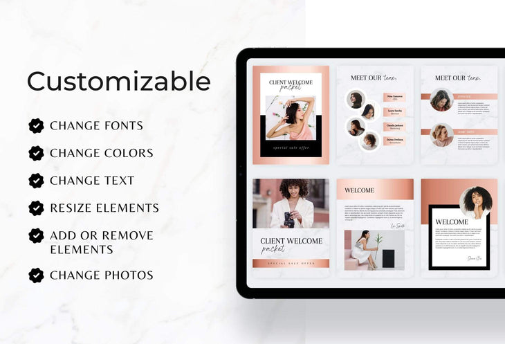Ladystrategist 21 Page Client Welcome Packet for Coaches Editable Canva Template Black Rose Gold Collection instagram canva templates social media templates etsy free canva templates