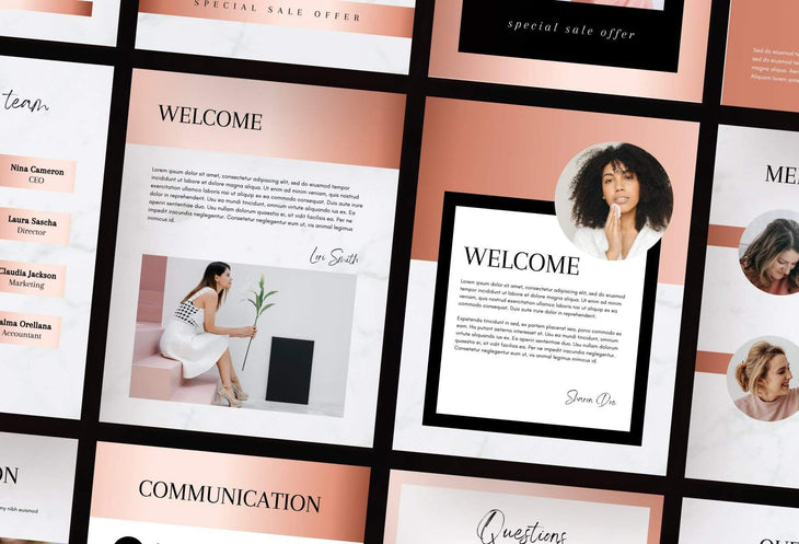 Ladystrategist 21 Page Client Welcome Packet for Coaches Editable Canva Template Black Rose Gold Collection instagram canva templates social media templates etsy free canva templates