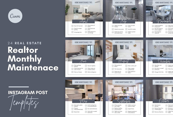 Ladystrategist 24 Real Estate Realtor Monthly Maintenance  - Instagram Post Canva Templates instagram canva templates social media templates etsy free canva templates