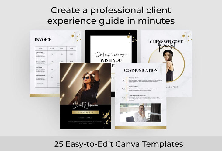 Ladystrategist 25 Page Client Welcome Packet for Coaches - Editable Canva Template Marble Gold Collection instagram canva templates social media templates etsy free canva templates