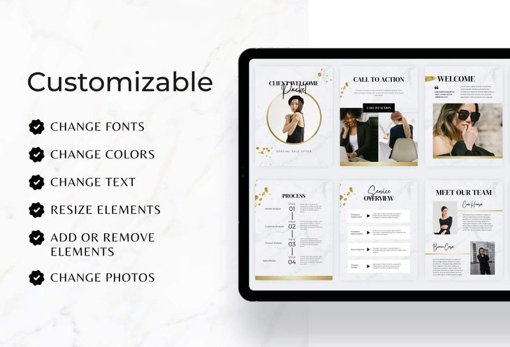 Ladystrategist 25 Page Client Welcome Packet for Coaches - Editable Canva Template Marble Gold Collection instagram canva templates social media templates etsy free canva templates