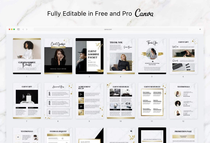 Ladystrategist 25 Page Client Welcome Packet for Coaches - Editable Canva Template Marble Gold Collection instagram canva templates social media templates etsy free canva templates