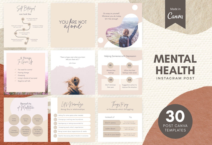 Ladystrategist 30 Mental Health Instagram Post Canva Templates instagram canva templates social media templates etsy free canva templates