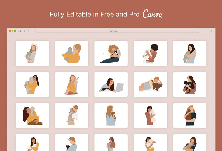 Ladystrategist 30 Unique Female Pet Cats Illustrations Fully Editable in Canva instagram canva templates social media templates etsy free canva templates