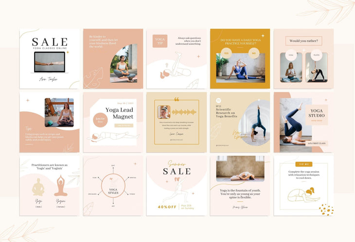 Ladystrategist YOGA Neutral - 97 Done-for-You Yoga Instagram Posts - Fully Editable Canva Templates instagram canva templates social media templates etsy free canva templates