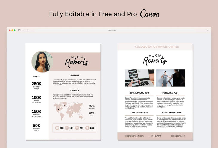 Ladystrategist Alicia Roberts Media Kit Canva Template for Influencers Rose Gold instagram canva templates social media templates etsy free canva templates