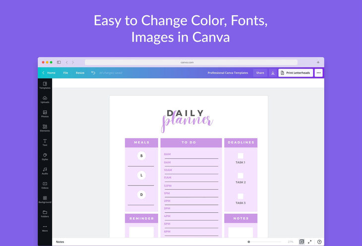 Ladystrategist Bright Lilac Daily Planner Printable and Editable Canva Template instagram canva templates social media templates etsy free canva templates