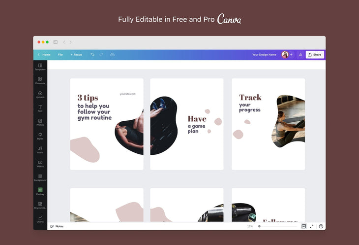 Ladystrategist Evelyn Fitness 6-Page Carousel Canva Template instagram canva templates social media templates etsy free canva templates