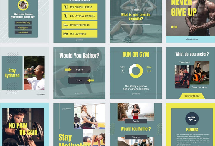 Ladystrategist FITNESS DARK CYAN - 97 Done-for-You Fitness Instagram Posts - Fully Editable Canva Templates instagram canva templates social media templates etsy free canva templates