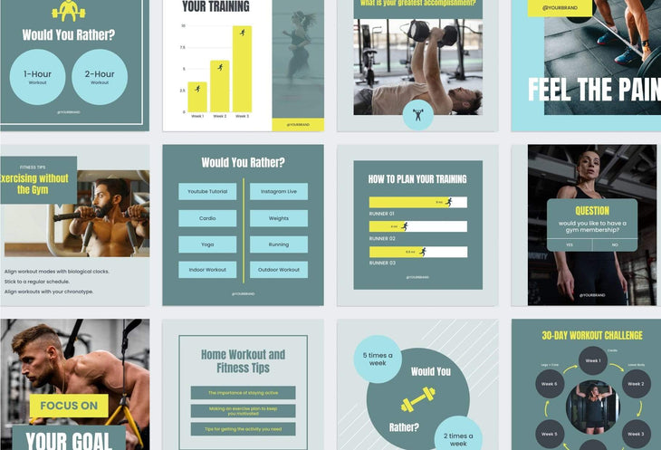 Ladystrategist FITNESS DARK CYAN - 97 Done-for-You Fitness Instagram Posts - Fully Editable Canva Templates instagram canva templates social media templates etsy free canva templates