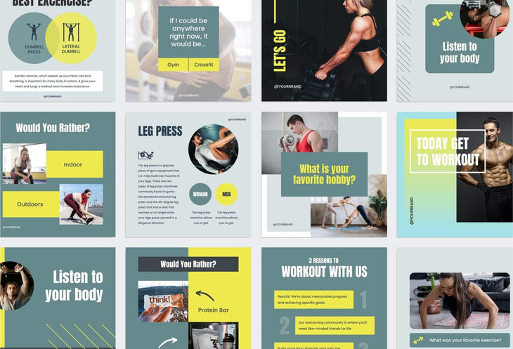 Ladystrategist FITNESS DARK CYAN - 97 Done-for-You Fitness Instagram Posts - Fully Editable Canva Templates instagram canva templates social media templates etsy free canva templates