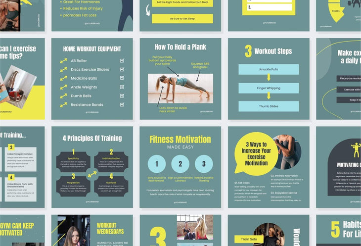Ladystrategist FITNESS DARK CYAN - 97 Done-for-You Fitness Instagram Posts - Fully Editable Canva Templates instagram canva templates social media templates etsy free canva templates