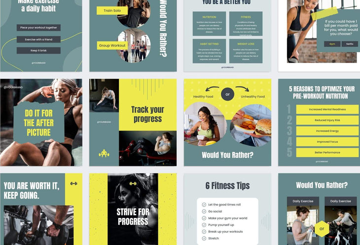 Ladystrategist FITNESS DARK CYAN - 97 Done-for-You Fitness Instagram Posts - Fully Editable Canva Templates instagram canva templates social media templates etsy free canva templates