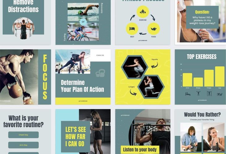 Ladystrategist FITNESS DARK CYAN - 97 Done-for-You Fitness Instagram Posts - Fully Editable Canva Templates instagram canva templates social media templates etsy free canva templates