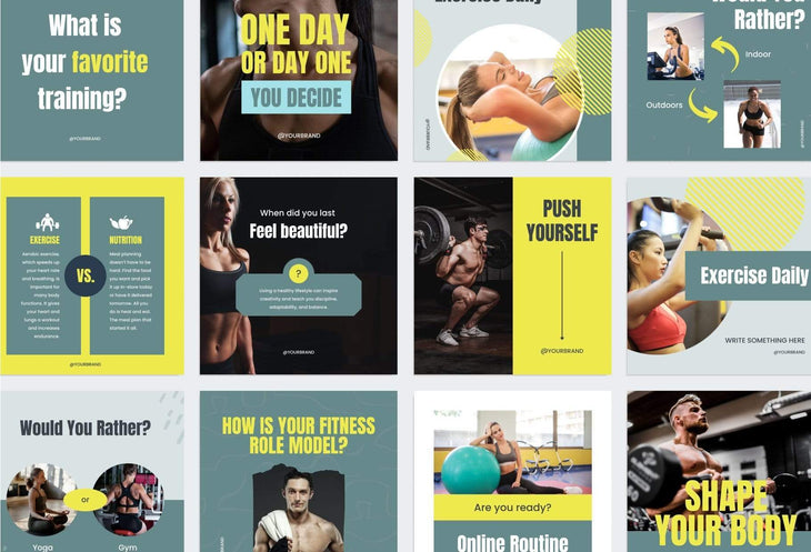 Ladystrategist FITNESS DARK CYAN - 97 Done-for-You Fitness Instagram Posts - Fully Editable Canva Templates instagram canva templates social media templates etsy free canva templates