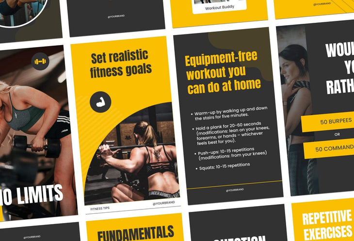 Ladystrategist FITNESS POWER - 97 Done-for-You Fitness Instagram Stories - Fully Editable Canva Templates instagram canva templates social media templates etsy free canva templates