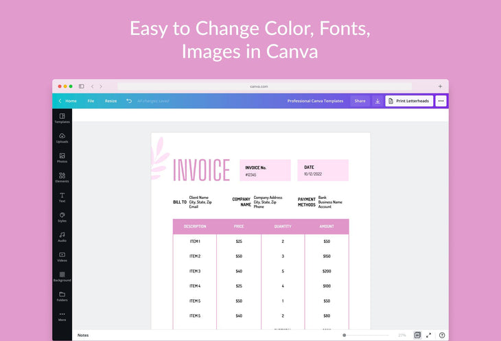 Ladystrategist Persian Pink Invoice Canva Template Printable and Editable instagram canva templates social media templates etsy free canva templates