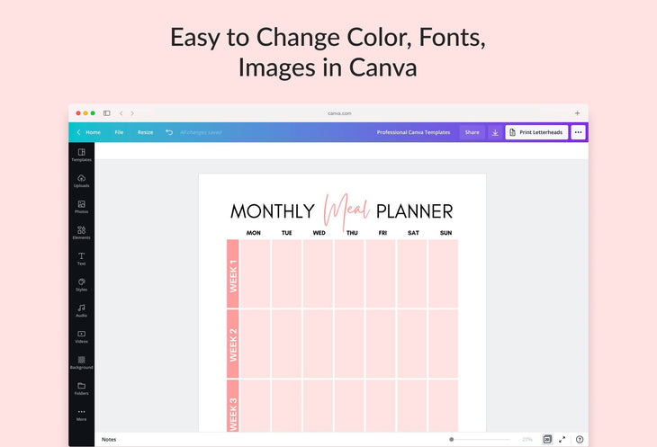 Ladystrategist Salmon Rose Monthly Meal Plan Calendar Printable and Editable Canva Template instagram canva templates social media templates etsy free canva templates