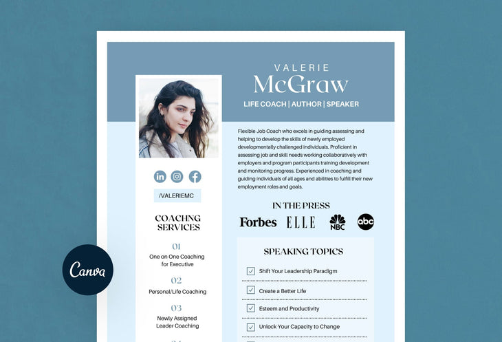 Ladystrategist Valerie Speaker One-Sheet Canva Template instagram canva templates social media templates etsy free canva templates