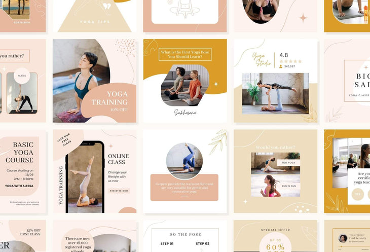 Ladystrategist YOGA Neutral - 97 Done-for-You Yoga Instagram Posts - Fully Editable Canva Templates instagram canva templates social media templates etsy free canva templates