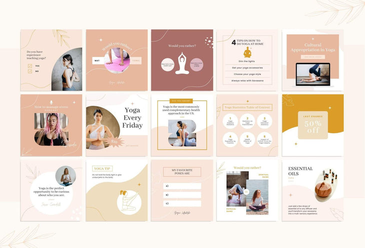Ladystrategist YOGA Neutral - 97 Done-for-You Yoga Instagram Posts - Fully Editable Canva Templates instagram canva templates social media templates etsy free canva templates
