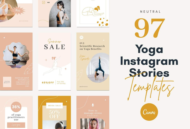 Ladystrategist YOGA Neutral - 97 Done-for-You Yoga Instagram Stories - Fully Editable Canva Templates instagram canva templates social media templates etsy free canva templates