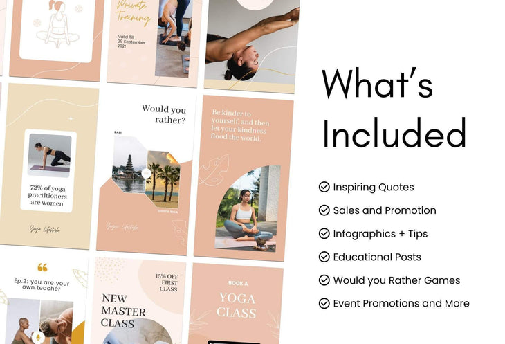 Ladystrategist YOGA Neutral - 97 Done-for-You Yoga Instagram Stories - Fully Editable Canva Templates instagram canva templates social media templates etsy free canva templates